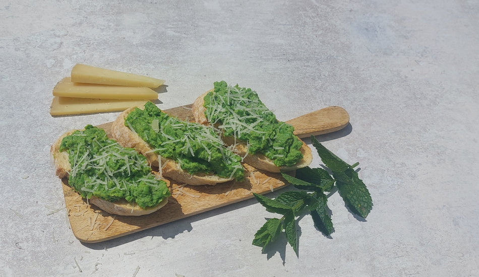 Pea and Mint Bruschetta with Quicke's Ewe's Milk Cheese