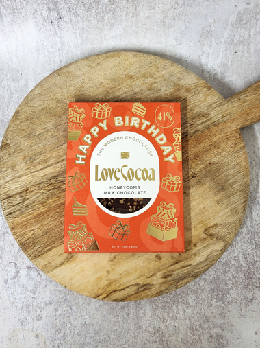 Love Cocoa Happy Birthday 41% Honeycomb Milk Chocolate Bar